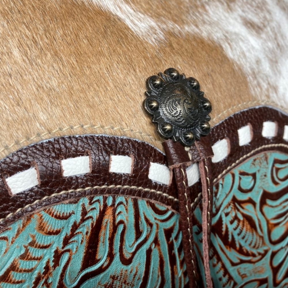 Myra Bag Brown Hair-on Cowhide and Turquoise Tooled Leather Shoulder Bag - Picture 5 of 11